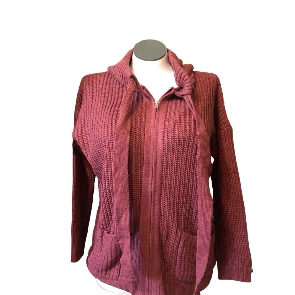 Cozy Casual Womens Cardigan Chunky Knit Full Zip Hooded M/L Burgundy Boxy Fit